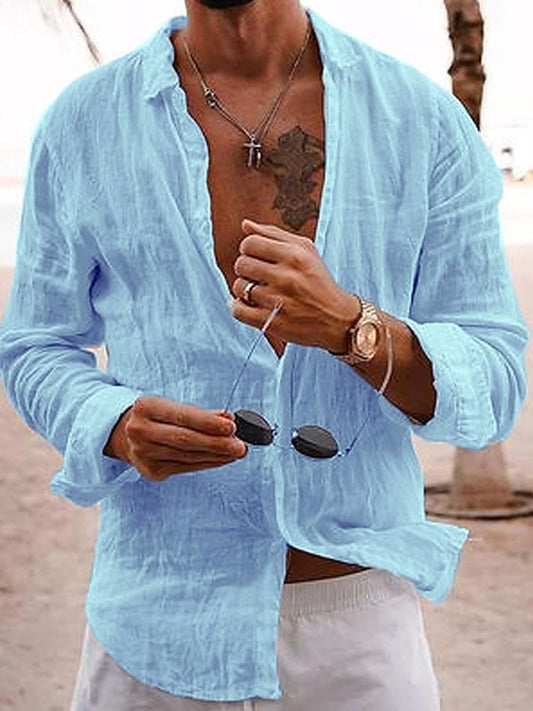 Men's Thin Solid Color Cotton Long-sleeve Shirt