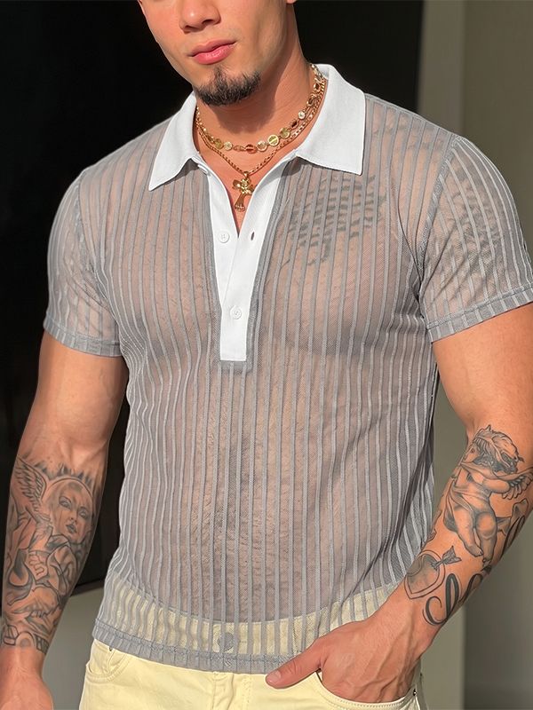 Men's Avant-Garde Two-Tone Contrast Collar Sheer Vertical Stripe Short Sleeve Polo Shirt SKUL74576