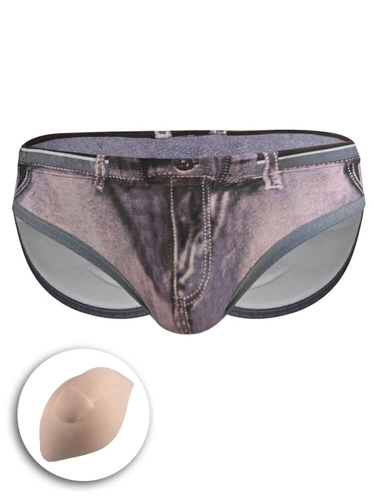 Men's Sexy Faux-Denim Print Quick-Dry Swim Briefs