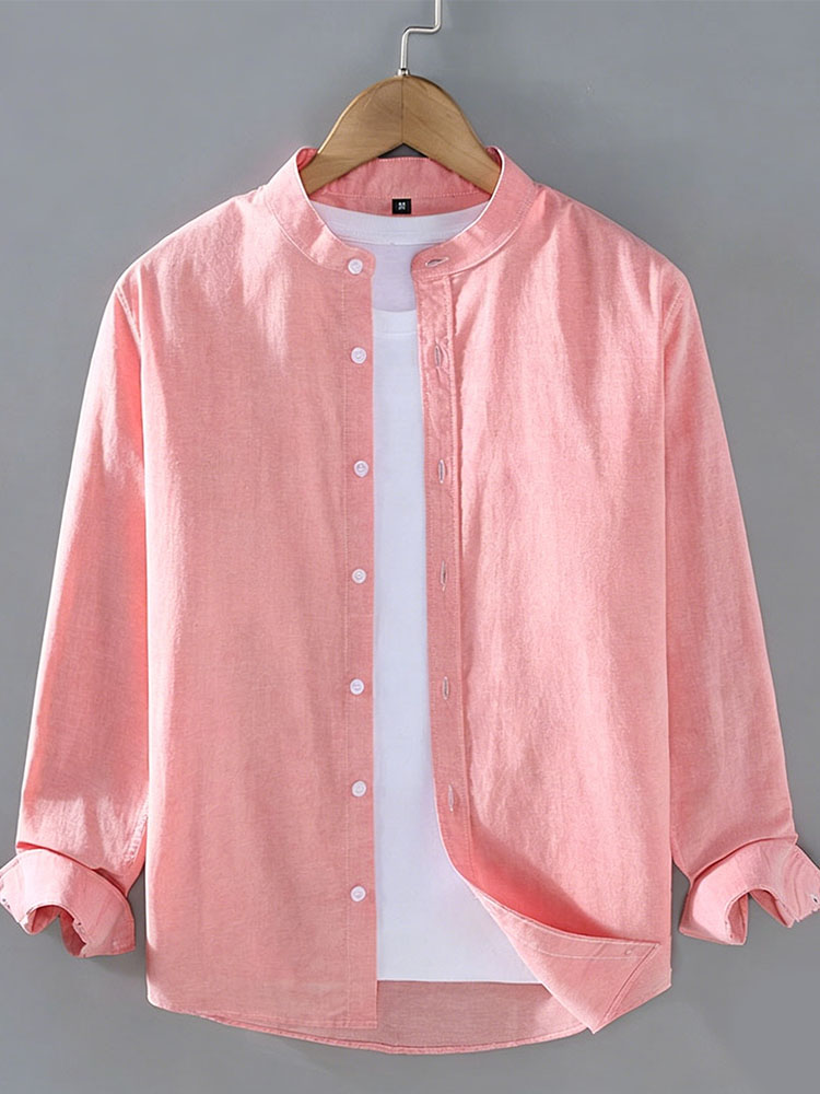 Men's Solid Long Sleeve Henley Collar Linen Shirt