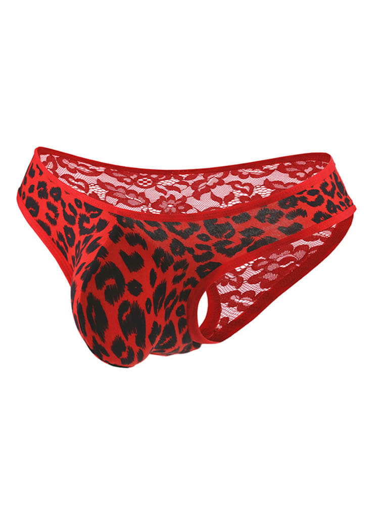 Men's Low Waist Lace Panel Leopard Print Briefs