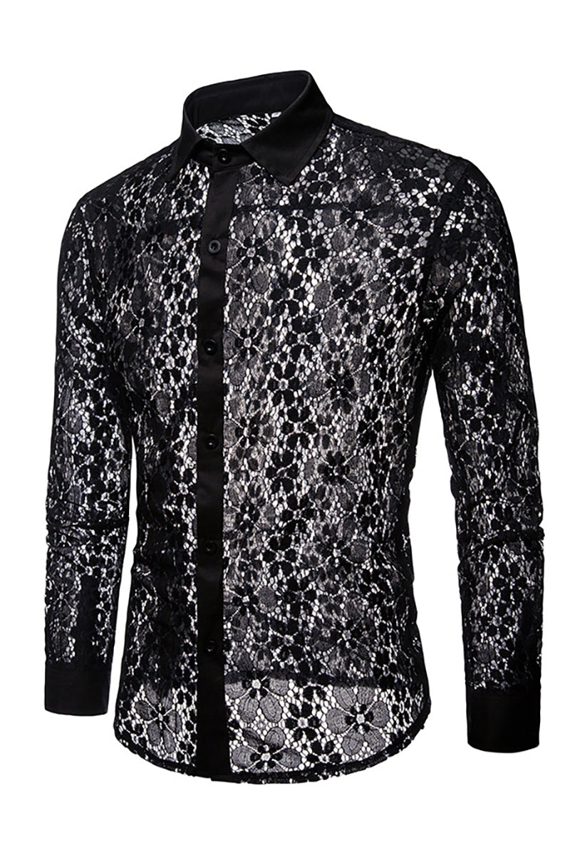 Men's Fashion Full Lace Printing Solid Color Long-Sleeved Lapel Shirt