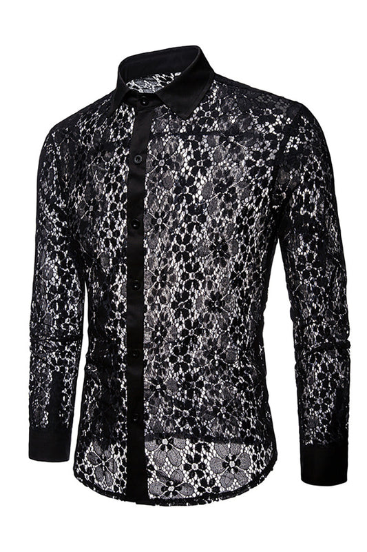 Men's Fashion Full Lace Printing Solid Color Long-Sleeved Lapel Shirt