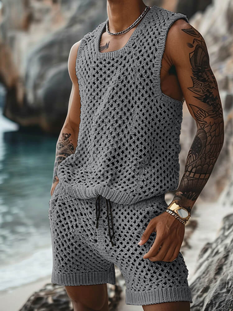Men's Casual Loose-Fit Hollow Knit Set