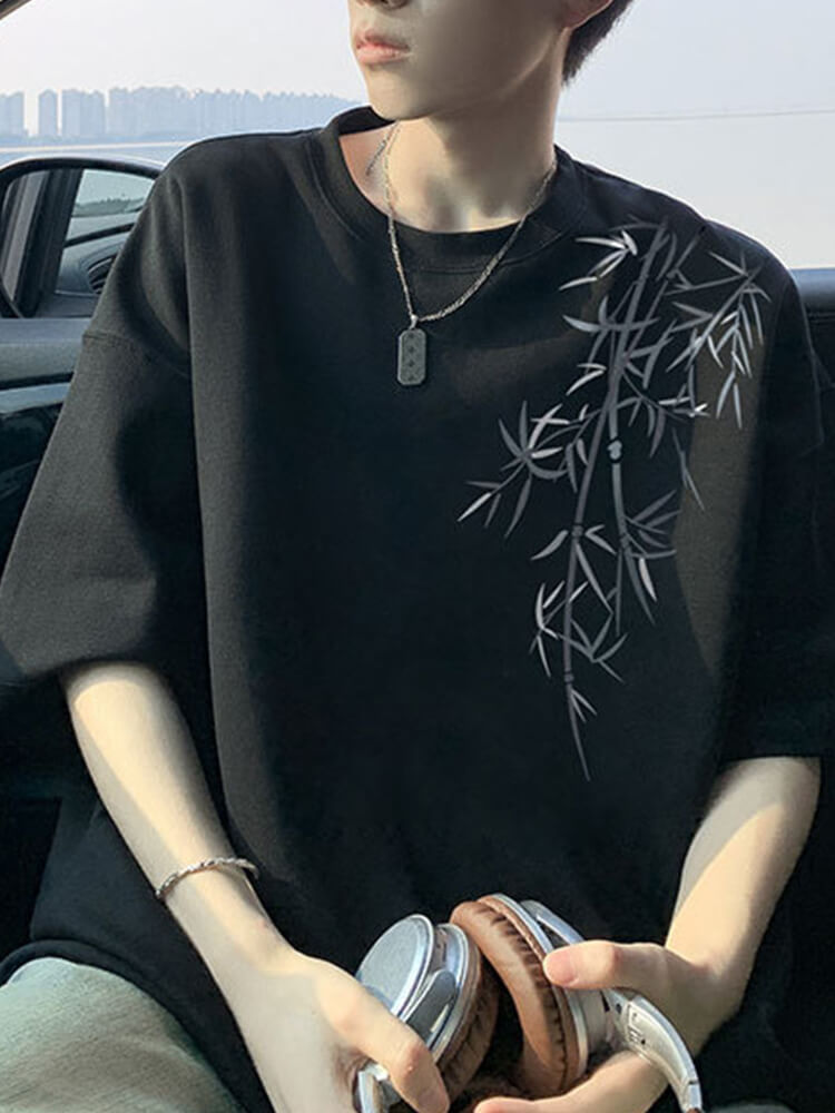 Men's Chinese-Style Bamboo Print Loose T-Shirt