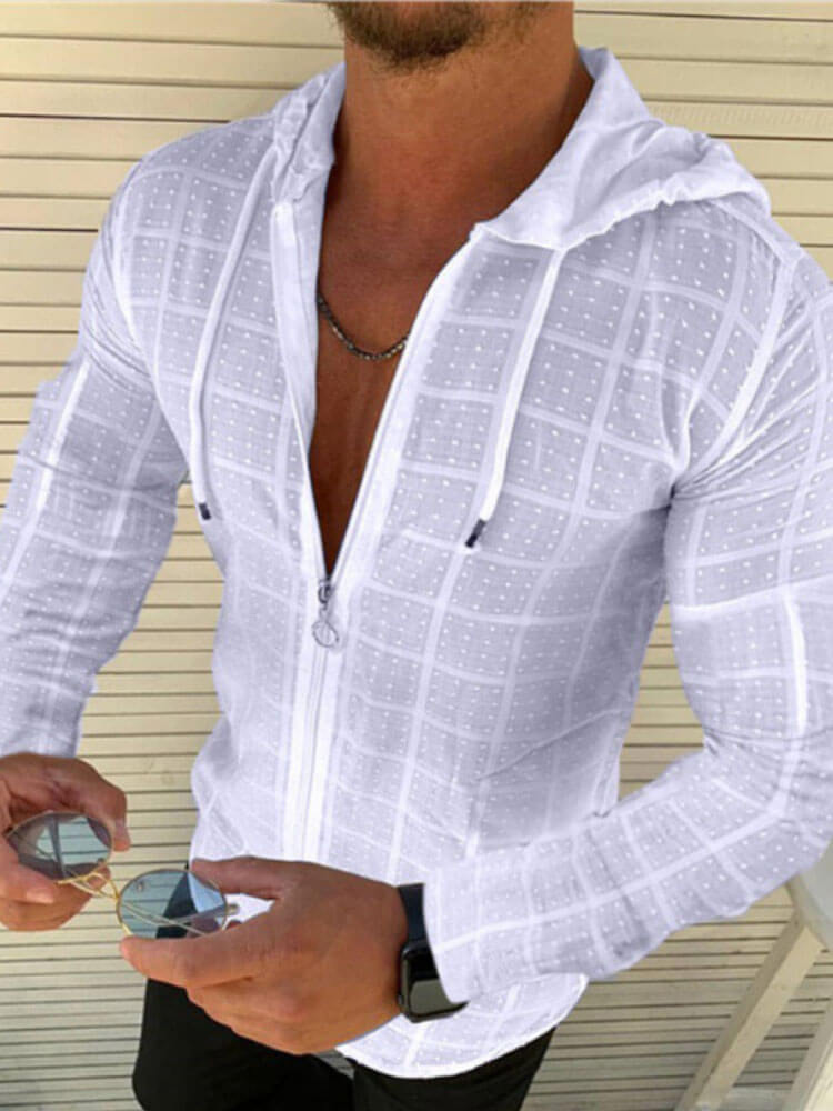 Men's Solid Color Zip-Up Slim Fit Hooded Top