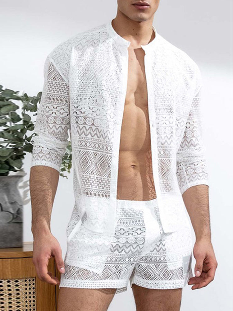 Men's Lace Shirt Shorts Two Piece Set - Blue