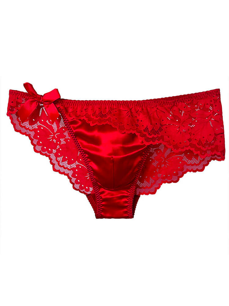 Men's Sexy Red Lace Breathable Pouch Silk Briefs