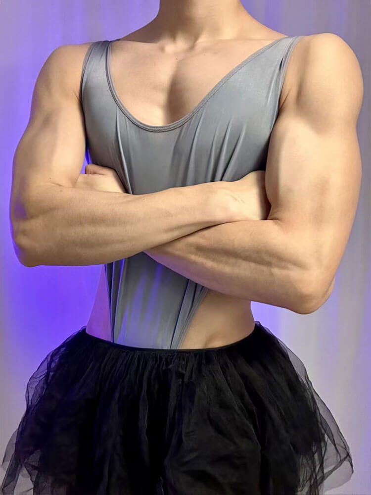 Men's Sexy Solid-Color Backless Bodysuit Tutu Skirt Set