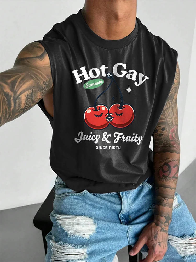 Men's LGBT Hot Gay Fruity Print Wide Shoulder Vest