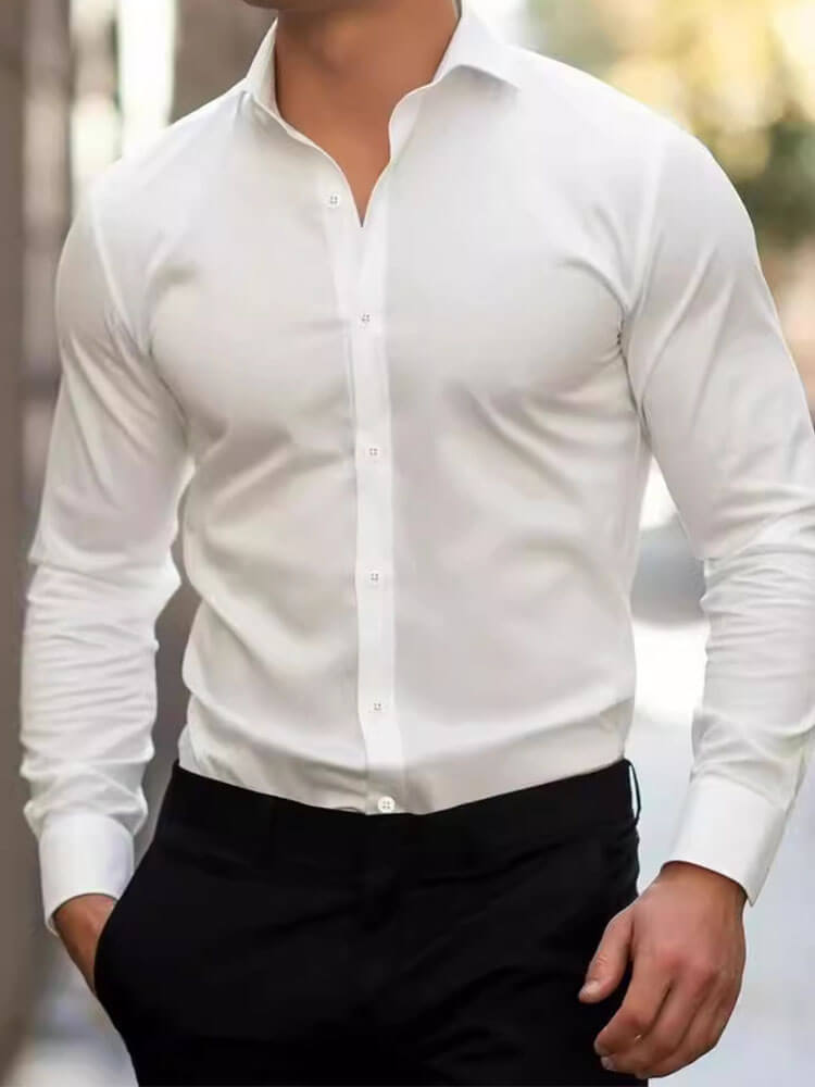 Men's Solid Color Long-Sleeved Casual Suit Shirt