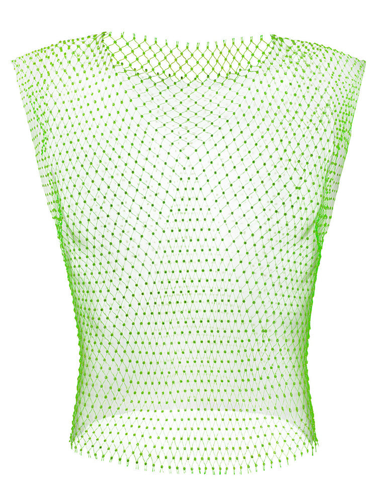 Men's Rhinestone See Through Fishing Net Cutout Nylon Vest Shorts Two Piece Set - Orange