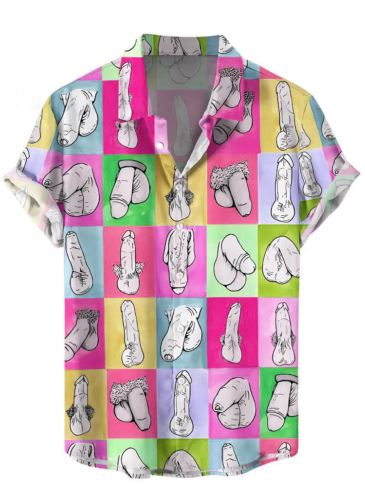 Men's Cocks Print Colorblock Short Sleeve Shirt