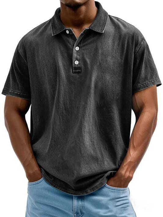 Men's Solid Color Vintage Washed Cotton Polo Shirt