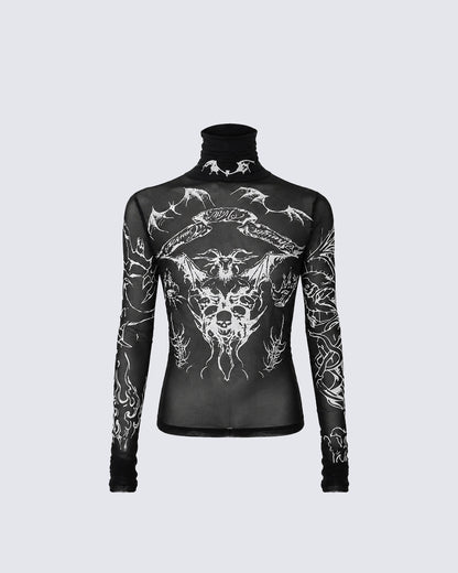 Gothic Mesh Long Sleeve Top with Graphic Print