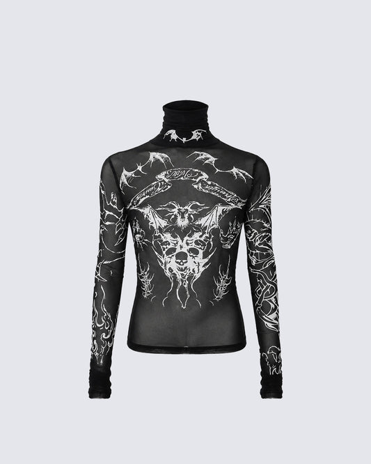 Gothic Mesh Long Sleeve Top with Graphic Print