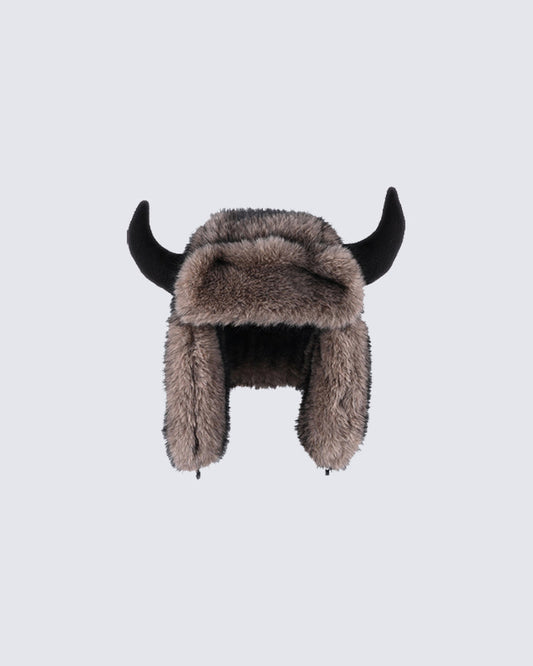Horn Faux Mink Fur Trapper Hat