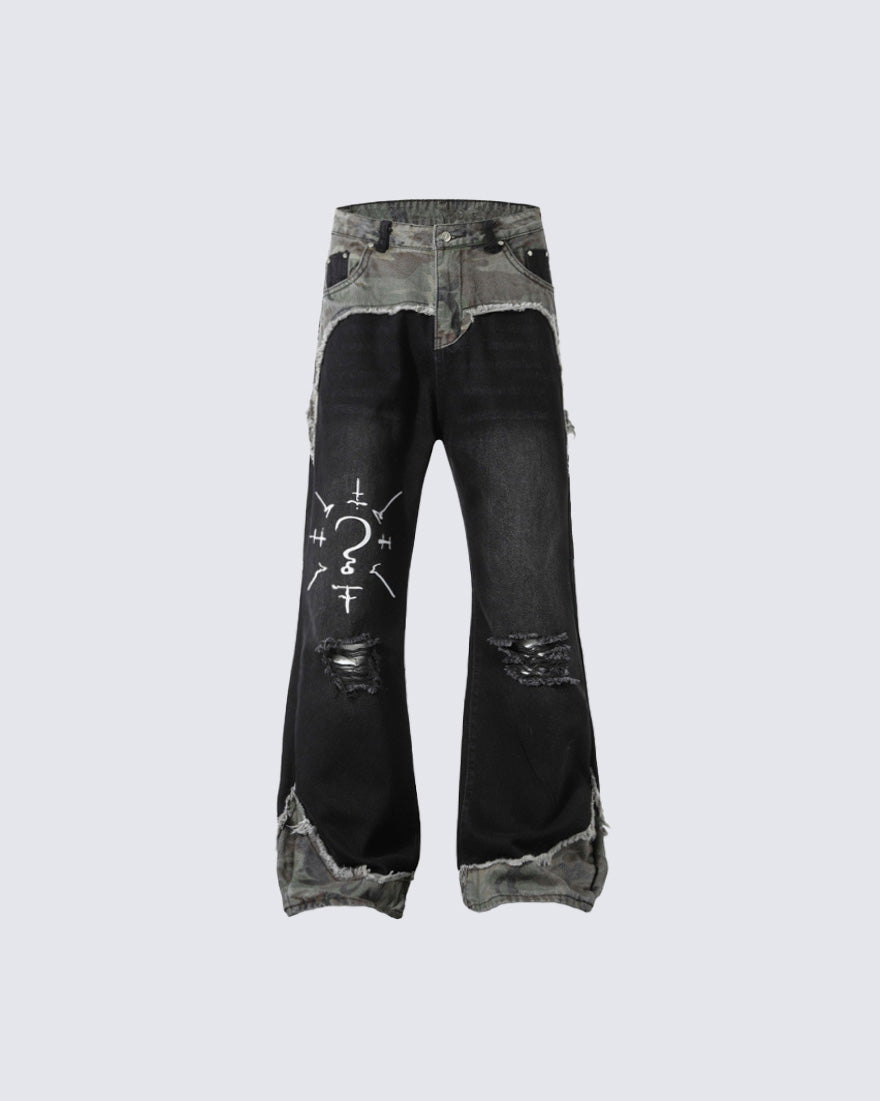 Punk Camouflage Patchwork Ripped Flared Jeans