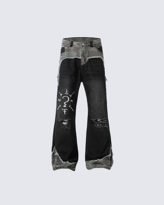 Punk Camouflage Patchwork Ripped Flared Jeans