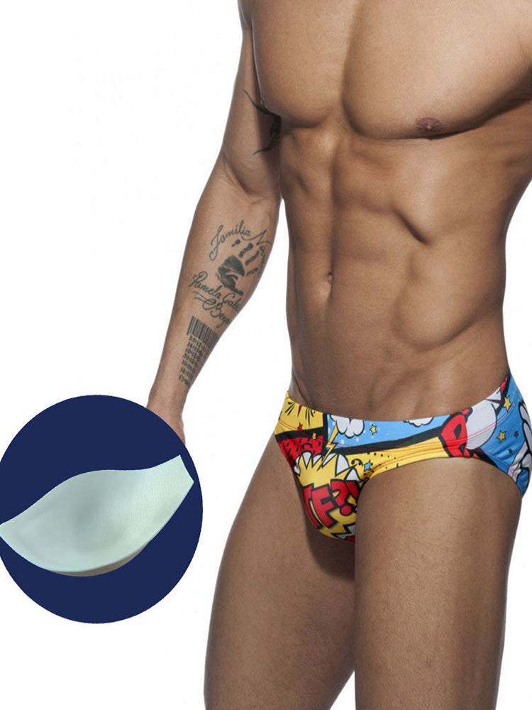 Men's Fun Cartoon Print Swim Briefs With Cups