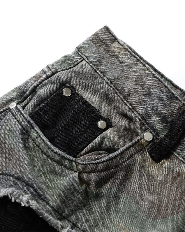 Punk Camouflage Patchwork Ripped Flared Jeans