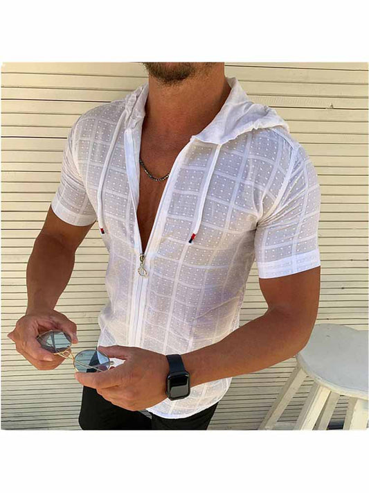 Hooded Short Sleeve Shirts with Zipper Slim Fit Tank Top