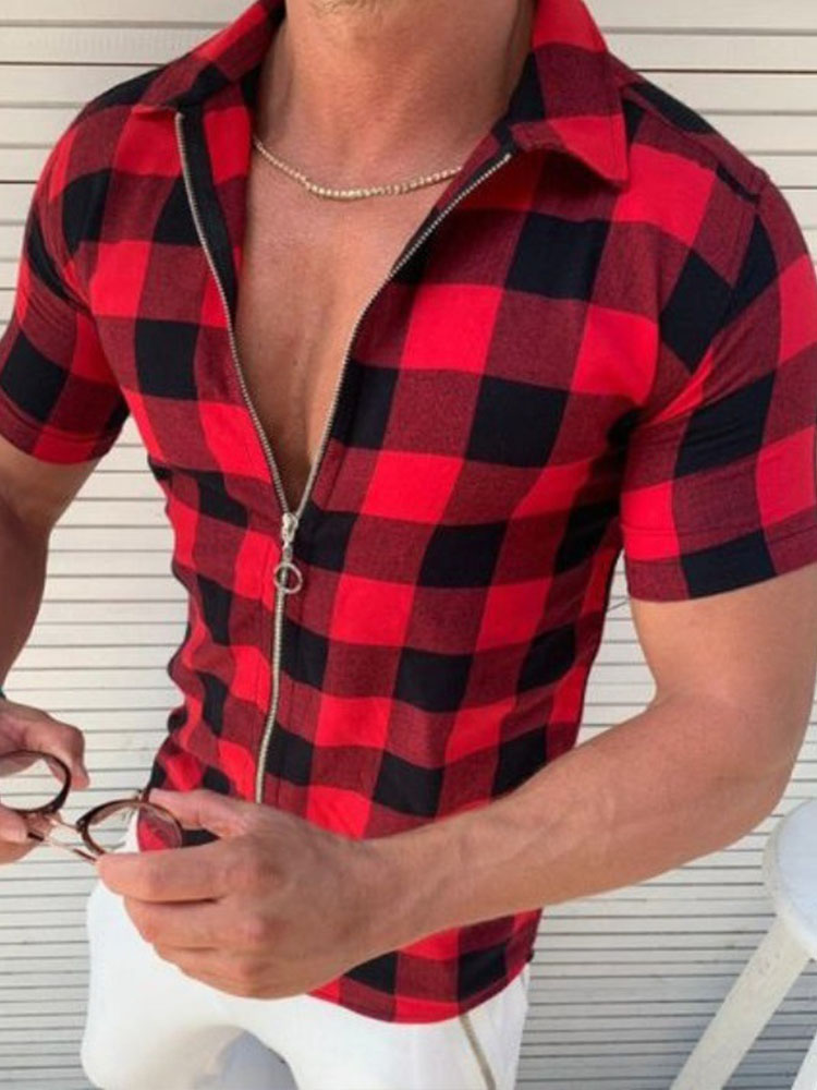 Men's Slim-Fit Lapel Plaid Print Zip-Up Top