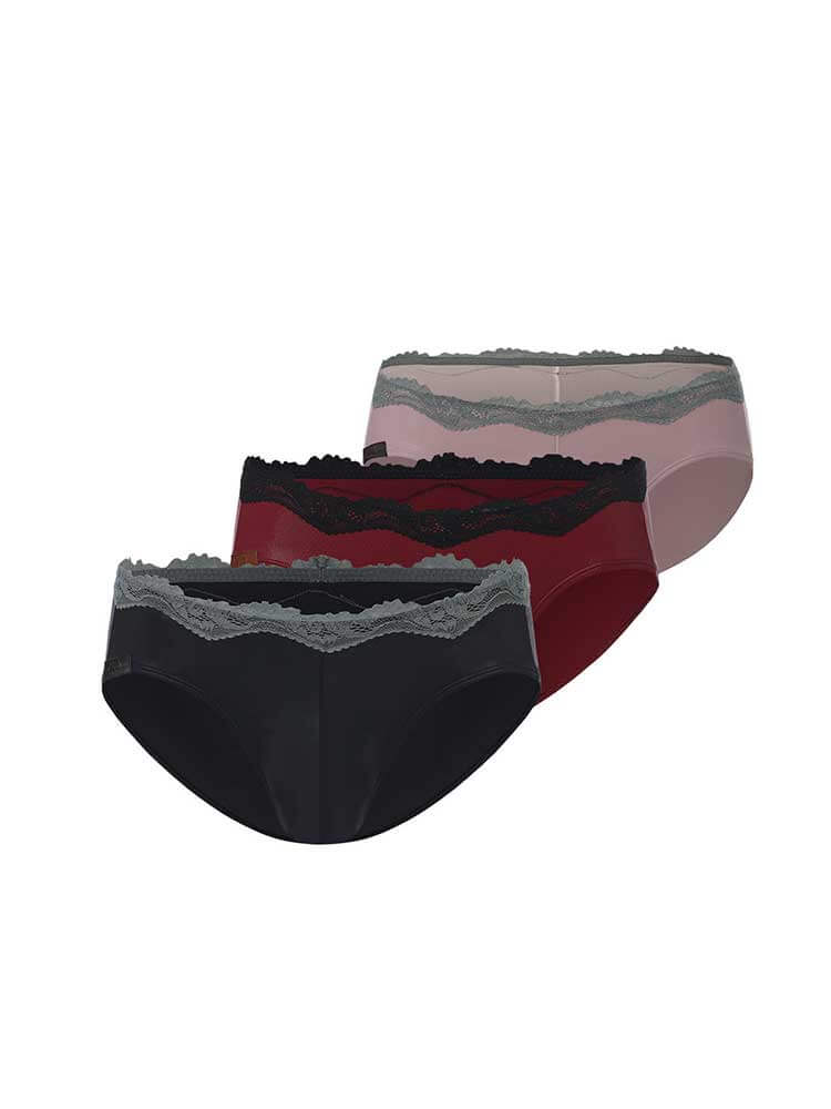 Men's Sexy Lace Trim Faux Leather-Coated Briefs