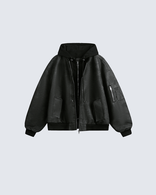Black Leather Bomber Hoodie Jacket