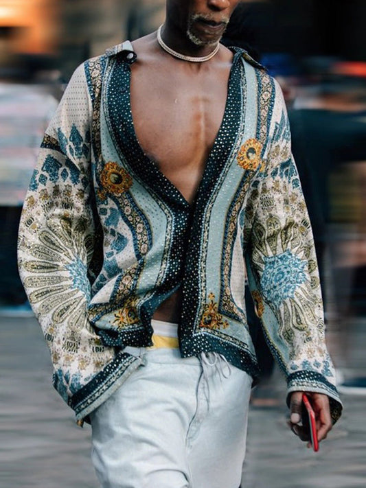 Men's Loose Printed Polyester Long Sleeve Shirt