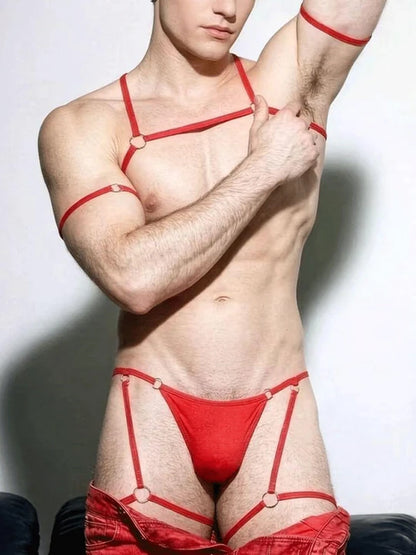 Men's Sexy Strappy Elastic Chest Strap Thong Set