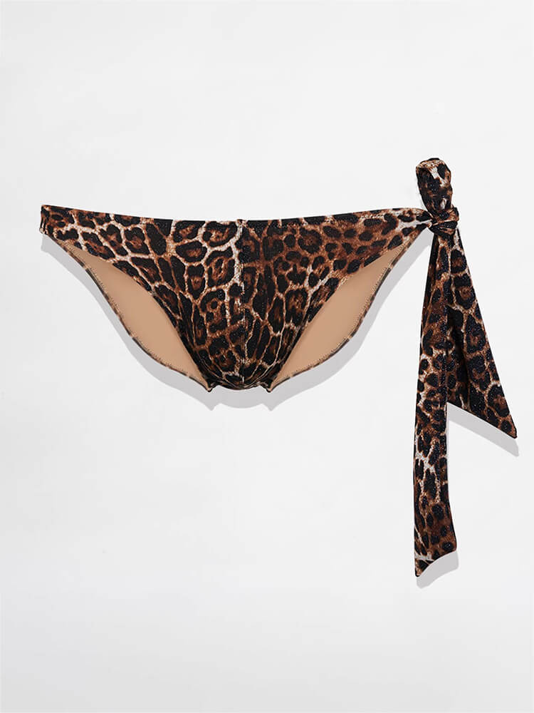 Men's Sexy Semi-Coverage Lace-Up Leopard Print Bikini Briefs