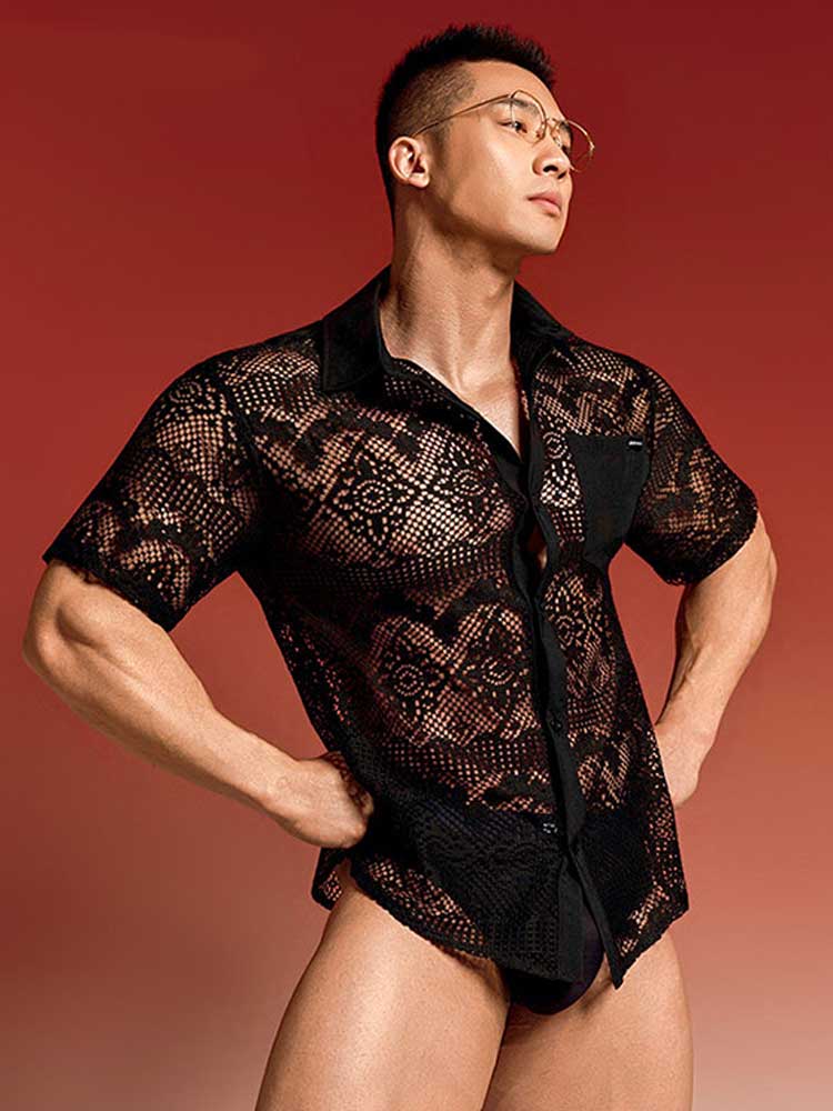 Men's Cut-out Casual Lapel Short-Sleeve Shirt