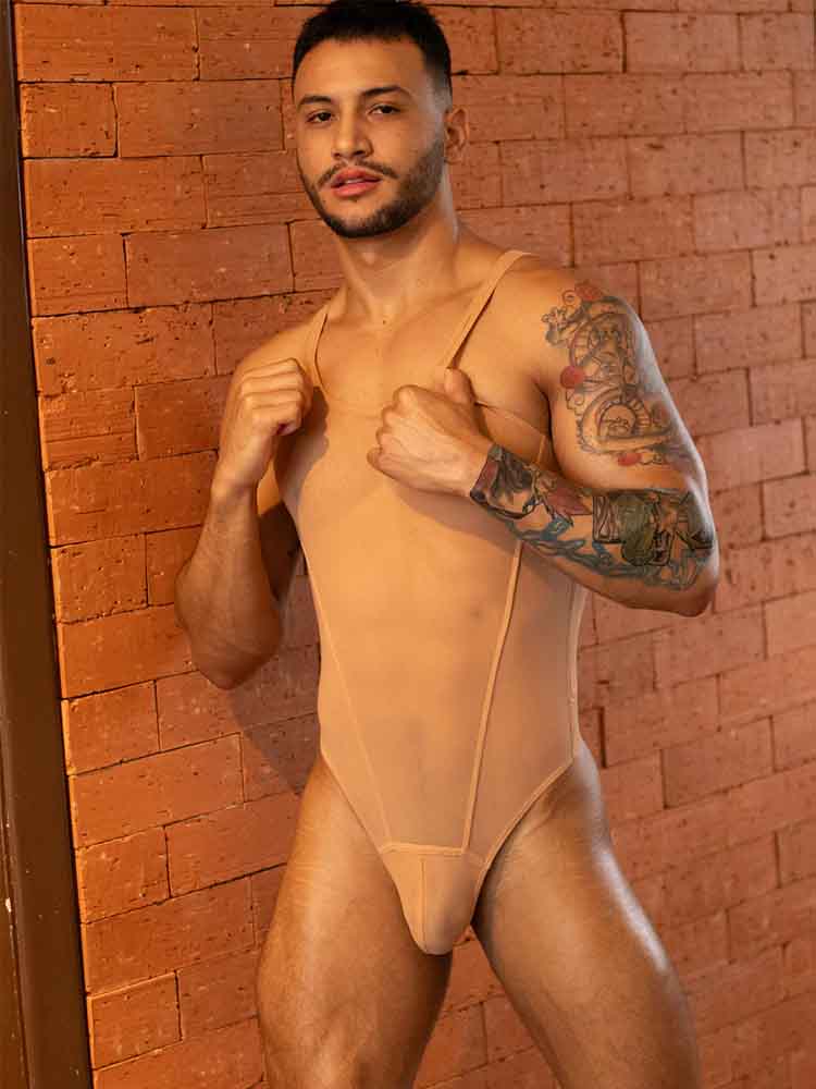 Men's Mesh Solid Color Fitness Bodysuit - Beige