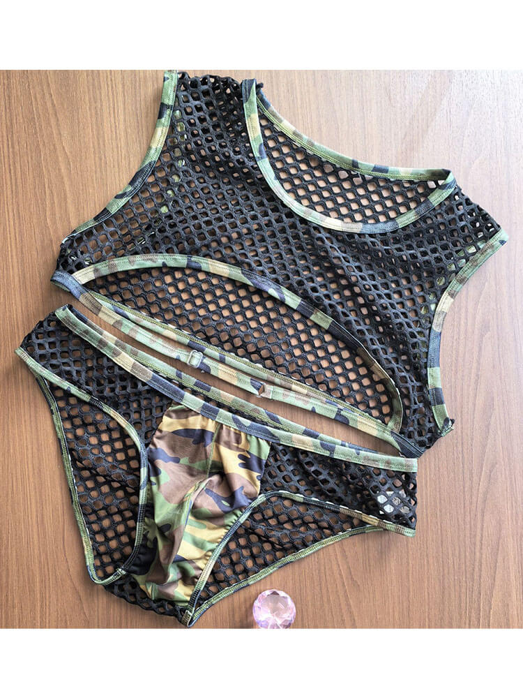 Men's Sexy Camouflage Mesh Crop Top And Briefs Set