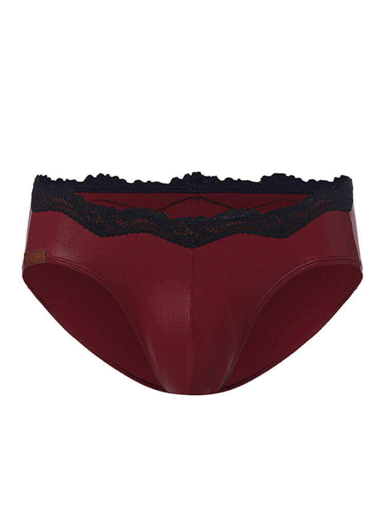 Men's Sexy Lace Trim Faux Leather Glossy Briefs