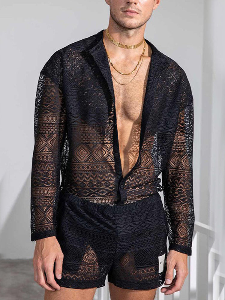 Men's Lace Shirt Shorts Two Piece Set - Blue