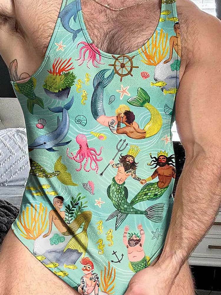 Men's Casual Mermaid Print Cotton Tank Top