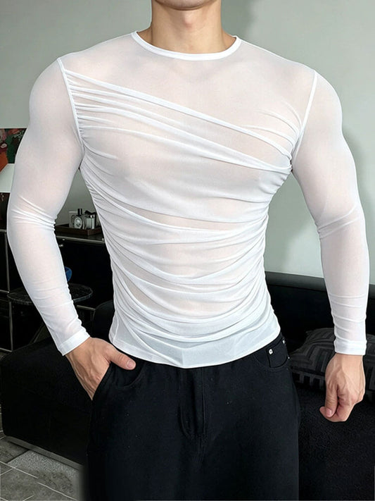 Rhinestones And Pleats Sheer Long-Sleeve Top