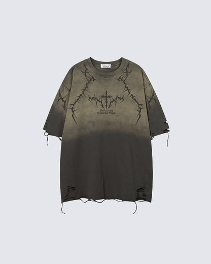 American-Style Distressed Washed Thorn Print Short-Sleeved T-Shirt
