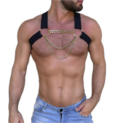 Elastic Chest Harness with Gold Chains