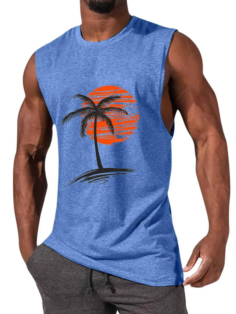 Men's Sunset Coconut Tree Print Solid Tank Top