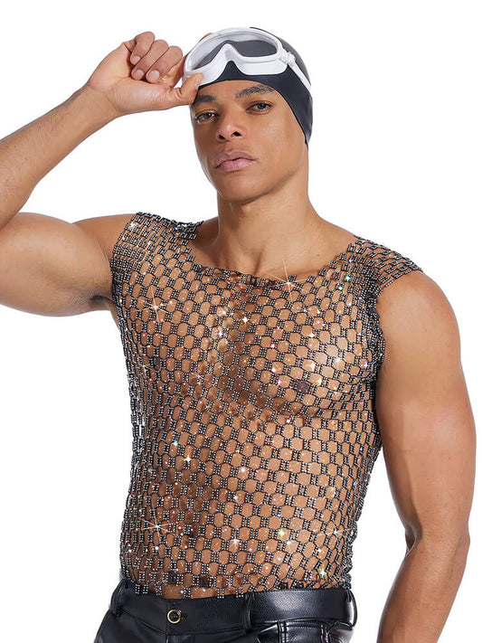 Sexy Rhinestone Fishnet Tank Top
