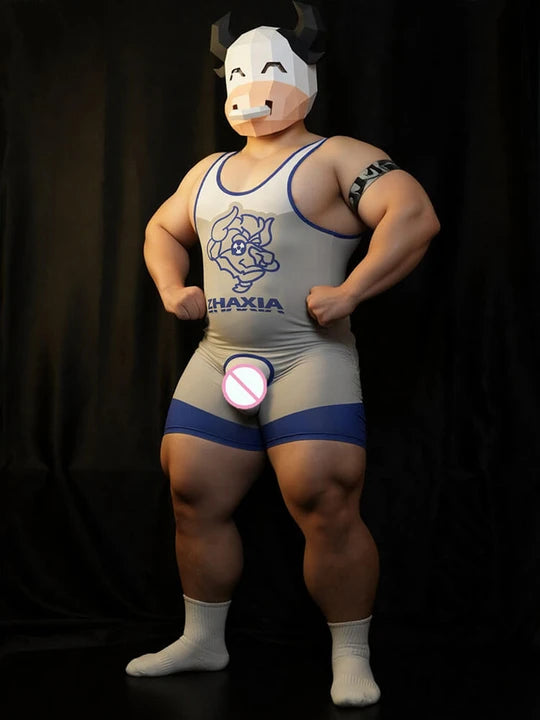 Men's Sexy Print Open-Crotch Wrestling Singlet