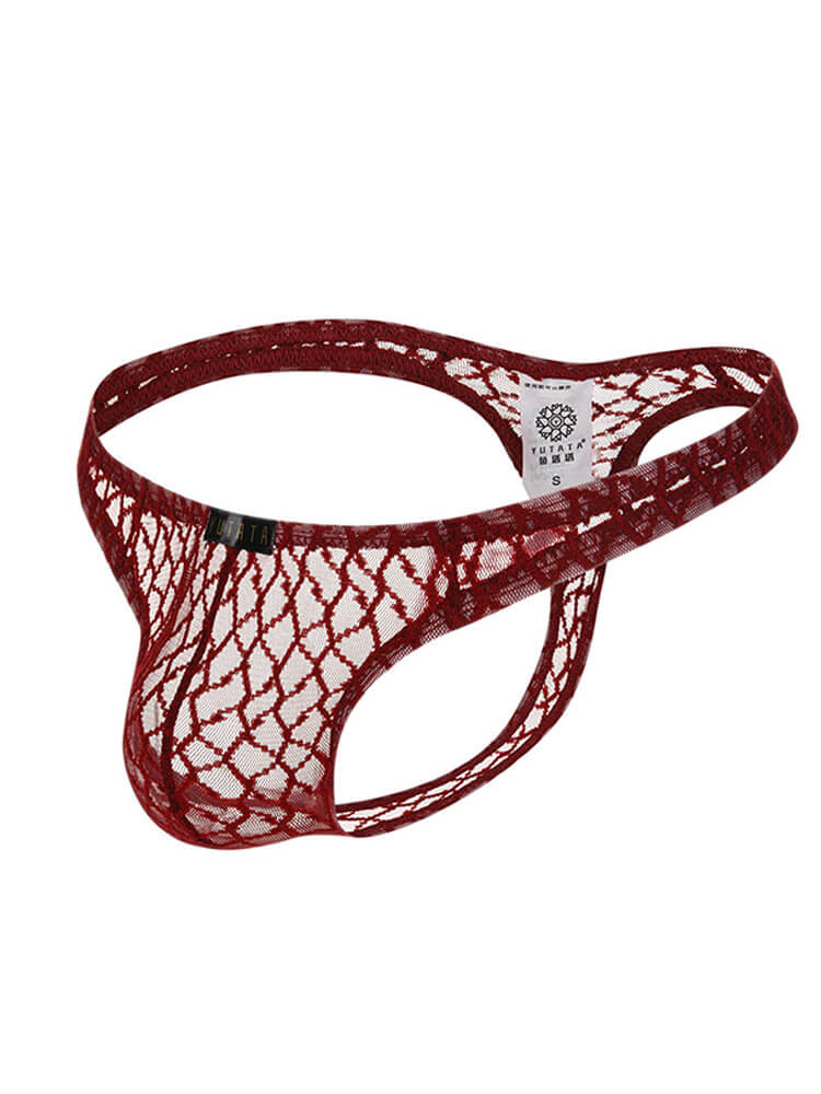 Men's Sexy Transparent Lace Mesh Solid Color Thong