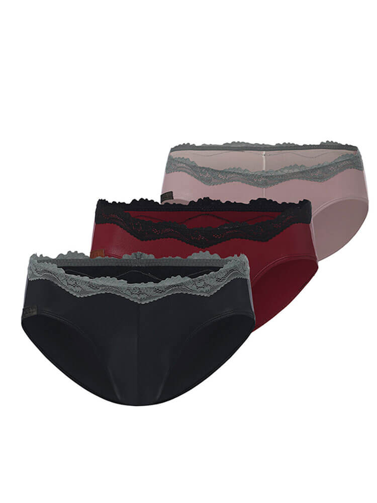 Men's Sexy Lace Trim Faux Leather Glossy Briefs