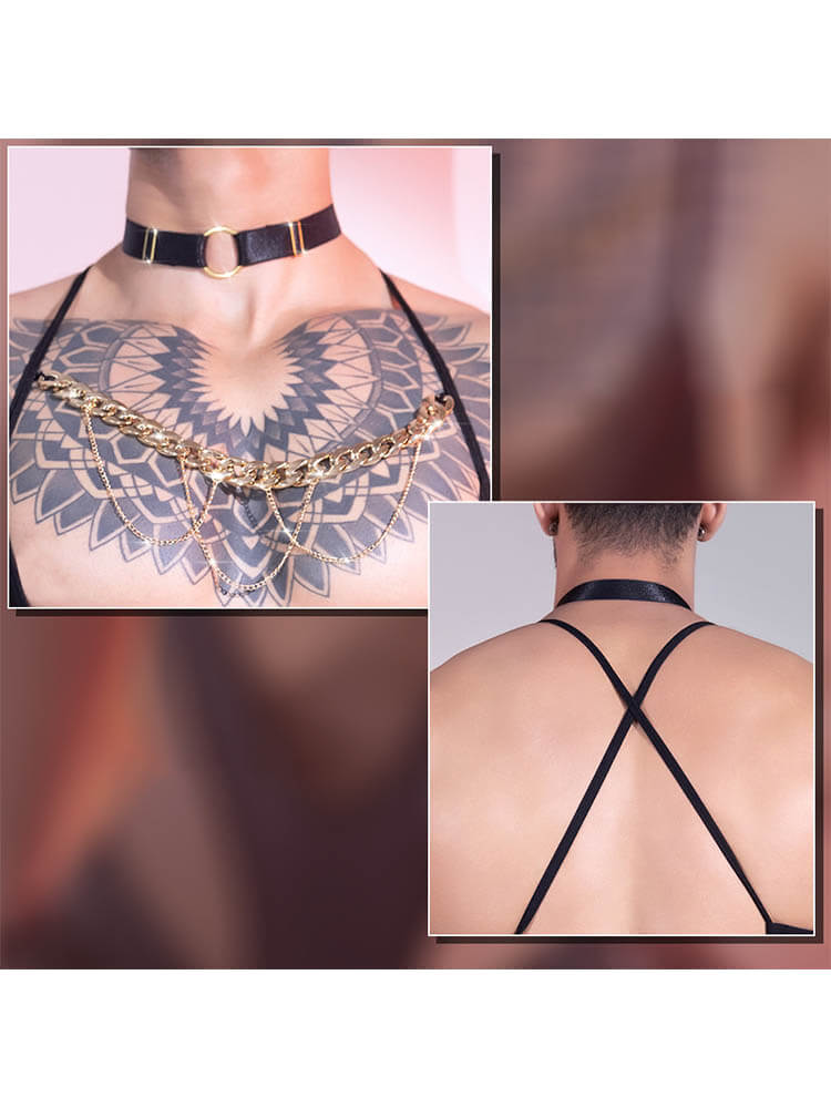 Men's Sexy Solid Hollow Halter-Neck Bodysuit