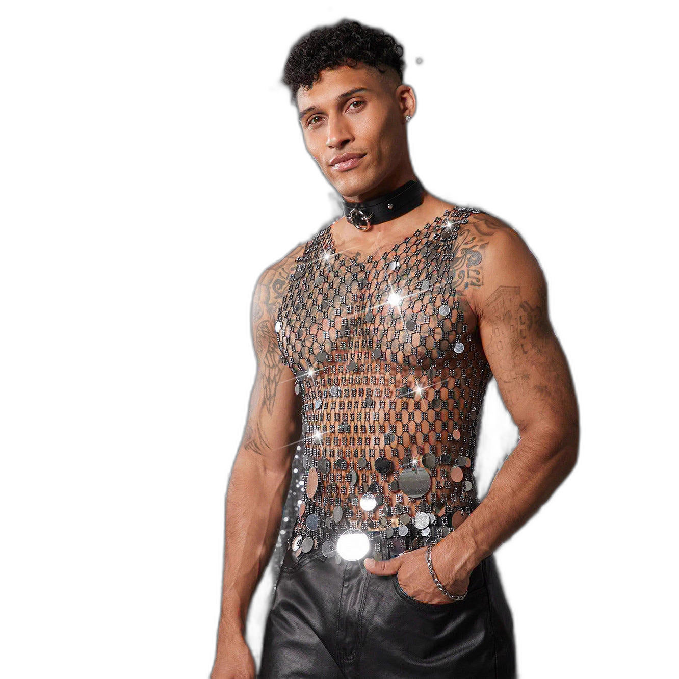 Mirror Sequin Rhinestone Mesh Tank