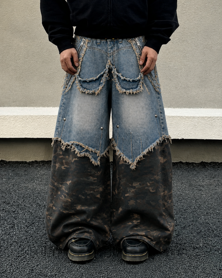 KIIKIO Vintage-Style Patchwork Raw-Edge Trousers