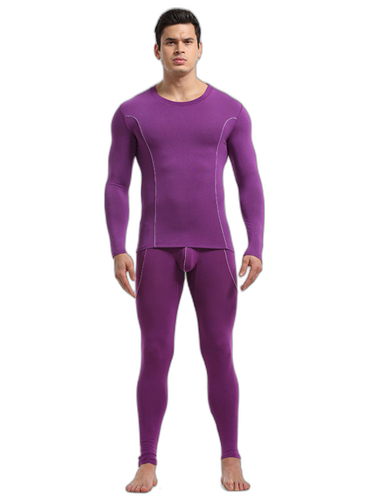 Men's Round Neck Solid Color Bamboo Fiber Thermal Underwear Set